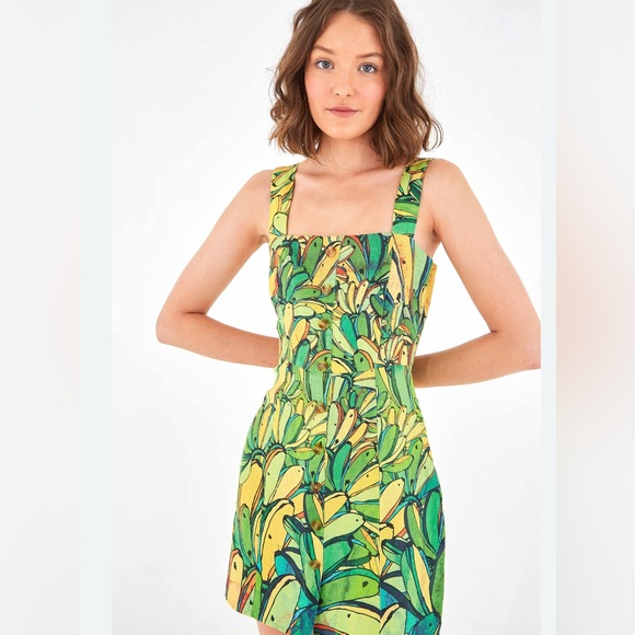 Farm Rio Green Banana Linen Mini Dress - Picture 1 of 6